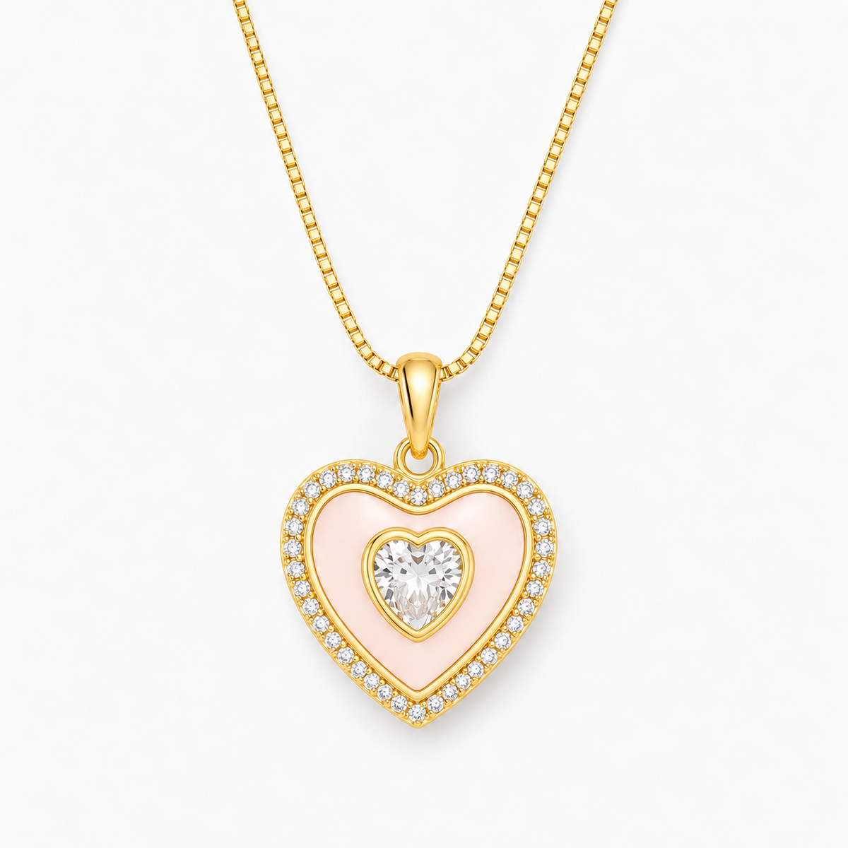 Mother of Pearl Heart Pendant Necklace with CZ Stone