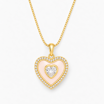 Mother of Pearl Heart Pendant Necklace with CZ Stone
