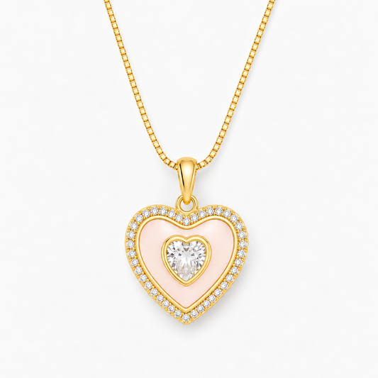 Mother of Pearl Heart Pendant Necklace with CZ Stone