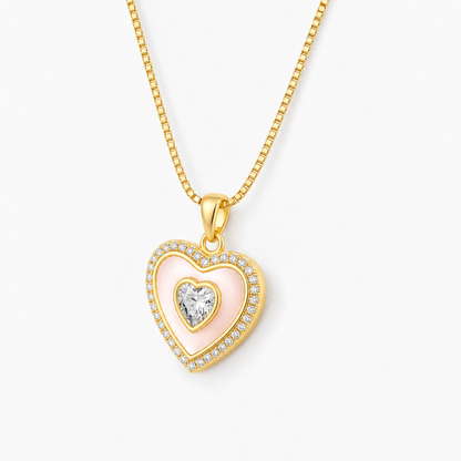 Mother of Pearl Heart Pendant Necklace with CZ Stone