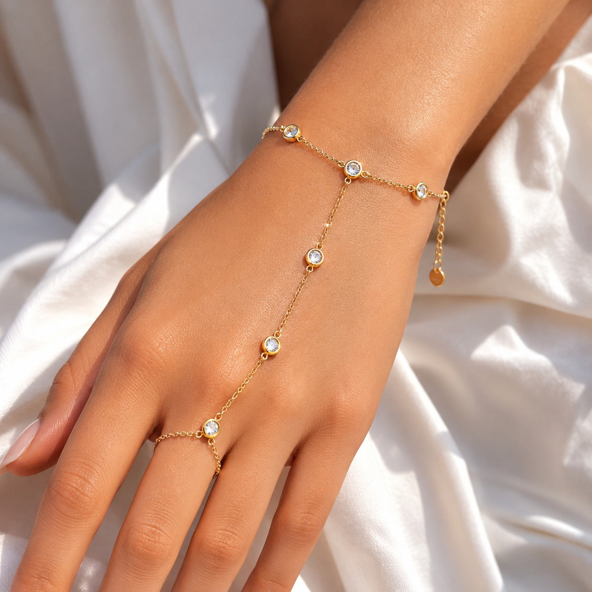 Gold Bezel CZ Hand Chain Bracelet