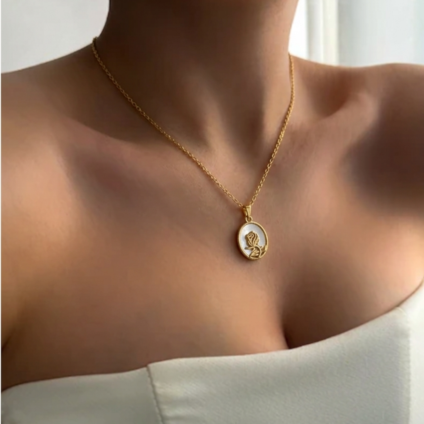 Rose Mother of Pearl Oval Pendant Necklace