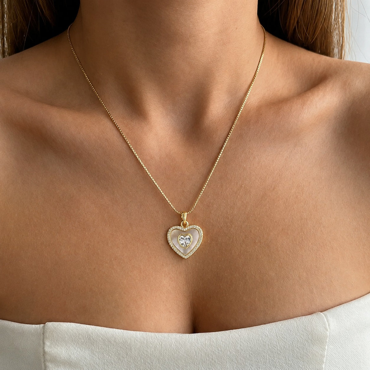 Mother of Pearl Heart Pendant Necklace with CZ Stone