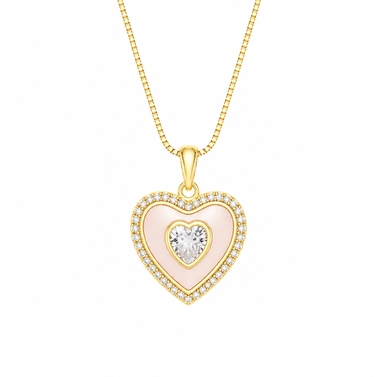 Mother of Pearl Heart Pendant Necklace with CZ Stone