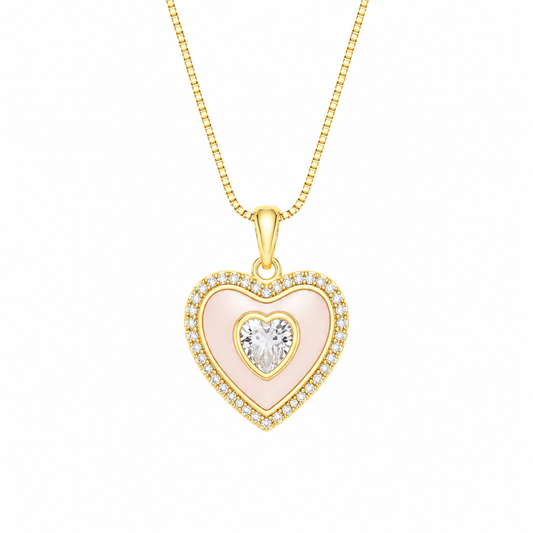 Mother of Pearl Heart Pendant Necklace with CZ Stone