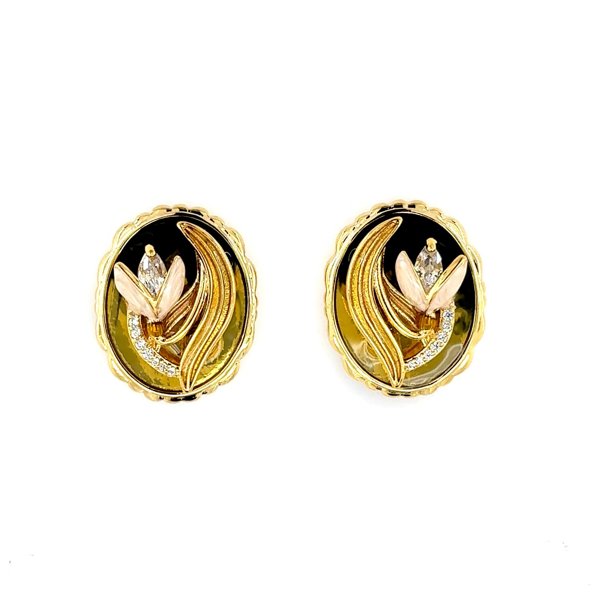 Pair of gold and black earrings vintage floral art