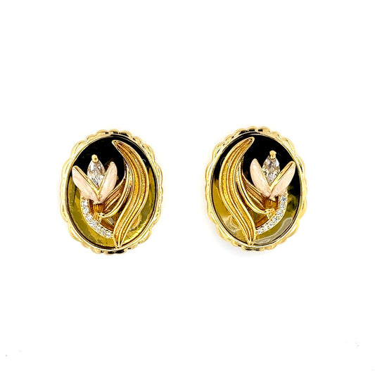 Pair of gold and black earrings vintage floral art