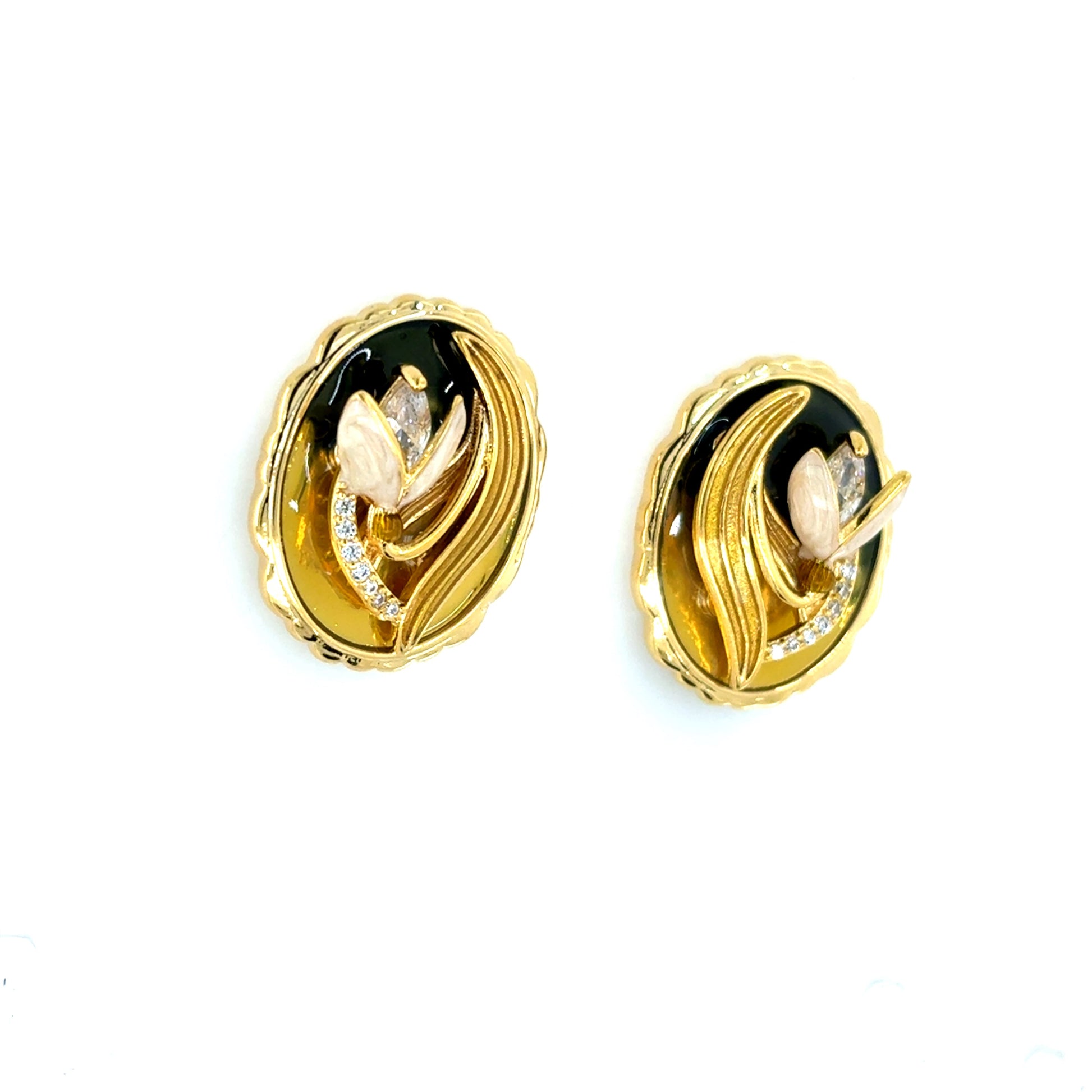 Gold and black earrings vintage floral art trinq