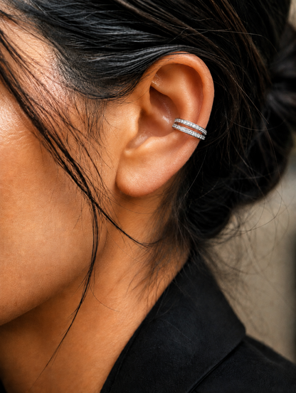 Double Row Pave CZ White Gold Ear Cuff