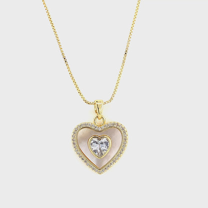 Mother of Pearl Heart Pendant Necklace with CZ Stone